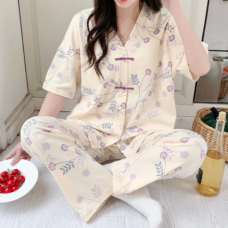 Pigma For Women Cotton Pajama Sleepwear Big Size Pajamas Nightwear Summer Women's Short Sleeved Long Pants Cardigan Pajama Set - Smarsty