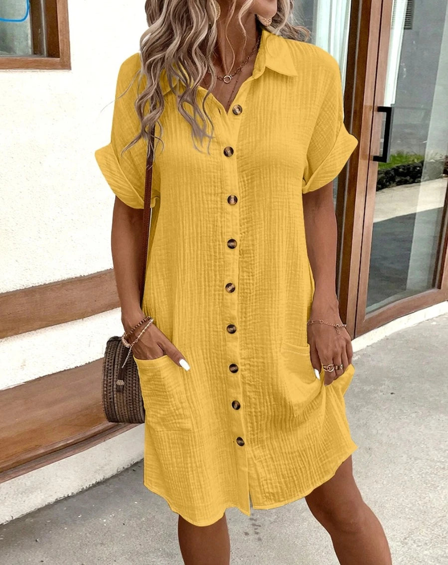 Vintage Women Solid Mini Dress Summer Fashion V-neck Three Quater Sleeve Cotton Linen Dress Ladies Casual Holiday Vestidos - Smarsty