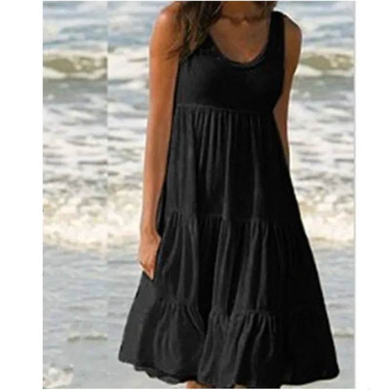 Bohemian Women's Casual O Neck Sleeveless Ruffle Mini Dress Solid Color Beach Tank Top Oversized Loose Dress Plus Size Women3029 - Smarsty