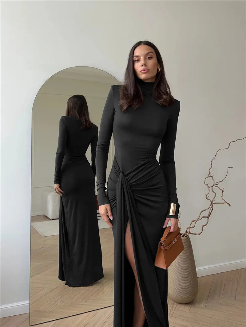 Mozision Turtleneck Thigh High Split Sexy Maxi Dress For Women Fashion Long Sleeve Draped Bandage Bodycon Club Long Dress - Smarsty
