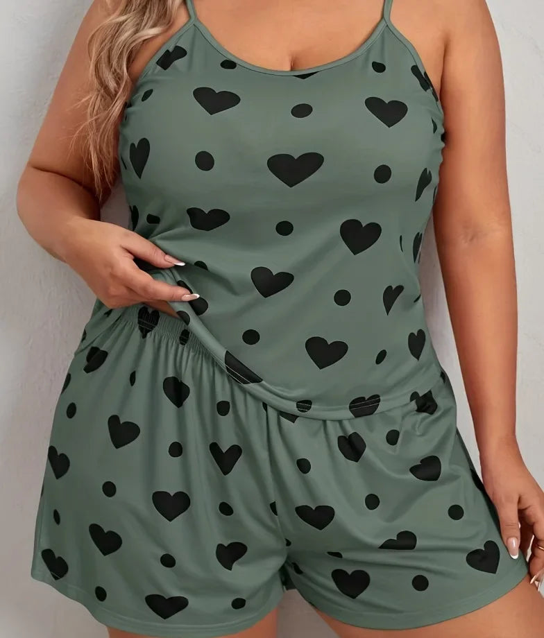 Plus Size Heart Print Women Pajama Set Sleeveless O Neck Crop Top & Elastic Waist Shorts 2 Pieces Female Sleepwear Nightwear - Smarsty