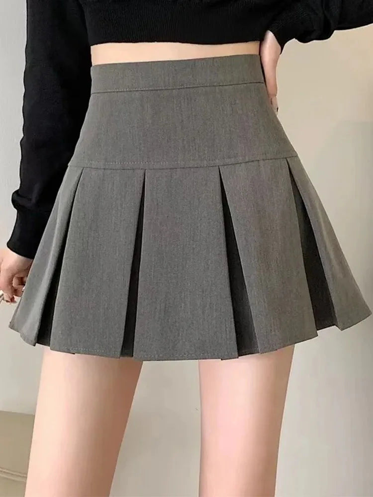 Vintage Gray Pleated Skirt Women Kawaii High Waist Mini Skirts Korean Fashion School Uniform Harajuku Streetwear Spring - Smarsty