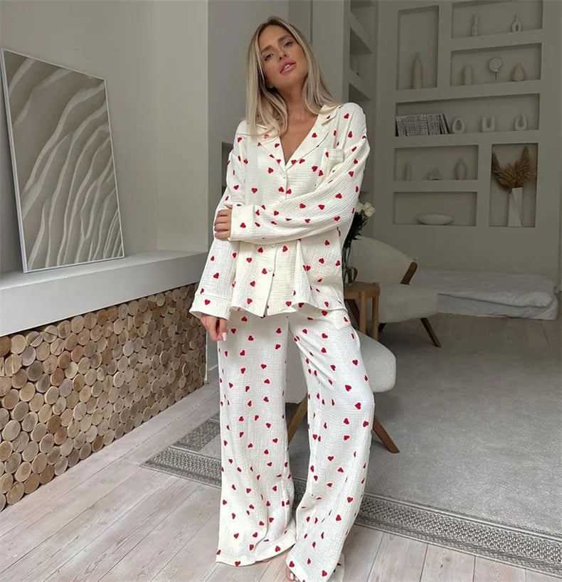 Summer New Love Heart Print Pyjama 100% Cotton Long Sleeve Set 2Pcs Outfit Lapel Sleepwear Button Down Women's Pajamas Nightwear - Smarsty