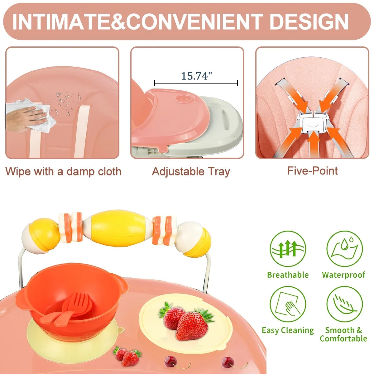 Foldable Baby High Chair 4-in-1 Foldable Reclining Feeding Table Chair Seat 7 Heights With Toyrack Easy To Clean Feeding