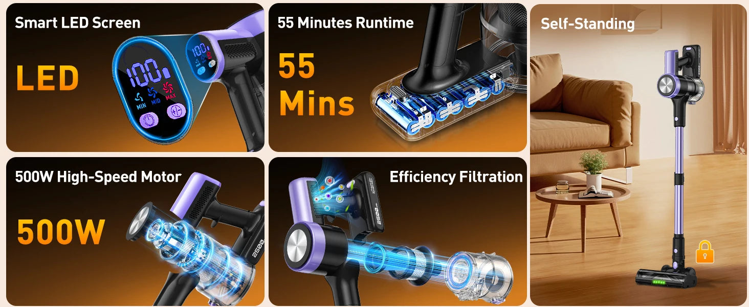 500W/55KPA Self-Standing Cordless Vacuum Cleaner,60 Mins Handheld Vacuum Cleaners,Smart LED Screen Vacuum for Carpet/Pet Hair - Smarsty