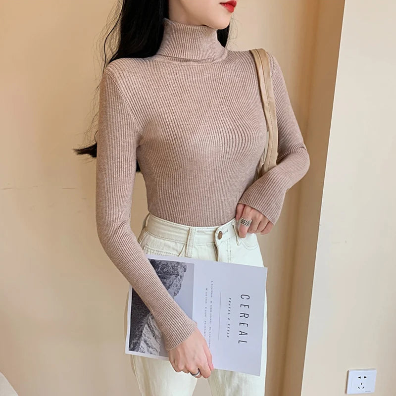 2025 Autumn Winter Women Long Sleeve Knitted Foldover Turtleneck Ribbed Pull Sweater Soft Warm Femme Jumper Pullover Clothes - Smarsty