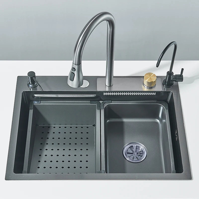 Large 304 Stainless Steel Waterfall Kitchen Sink with Faucet - Smarsty