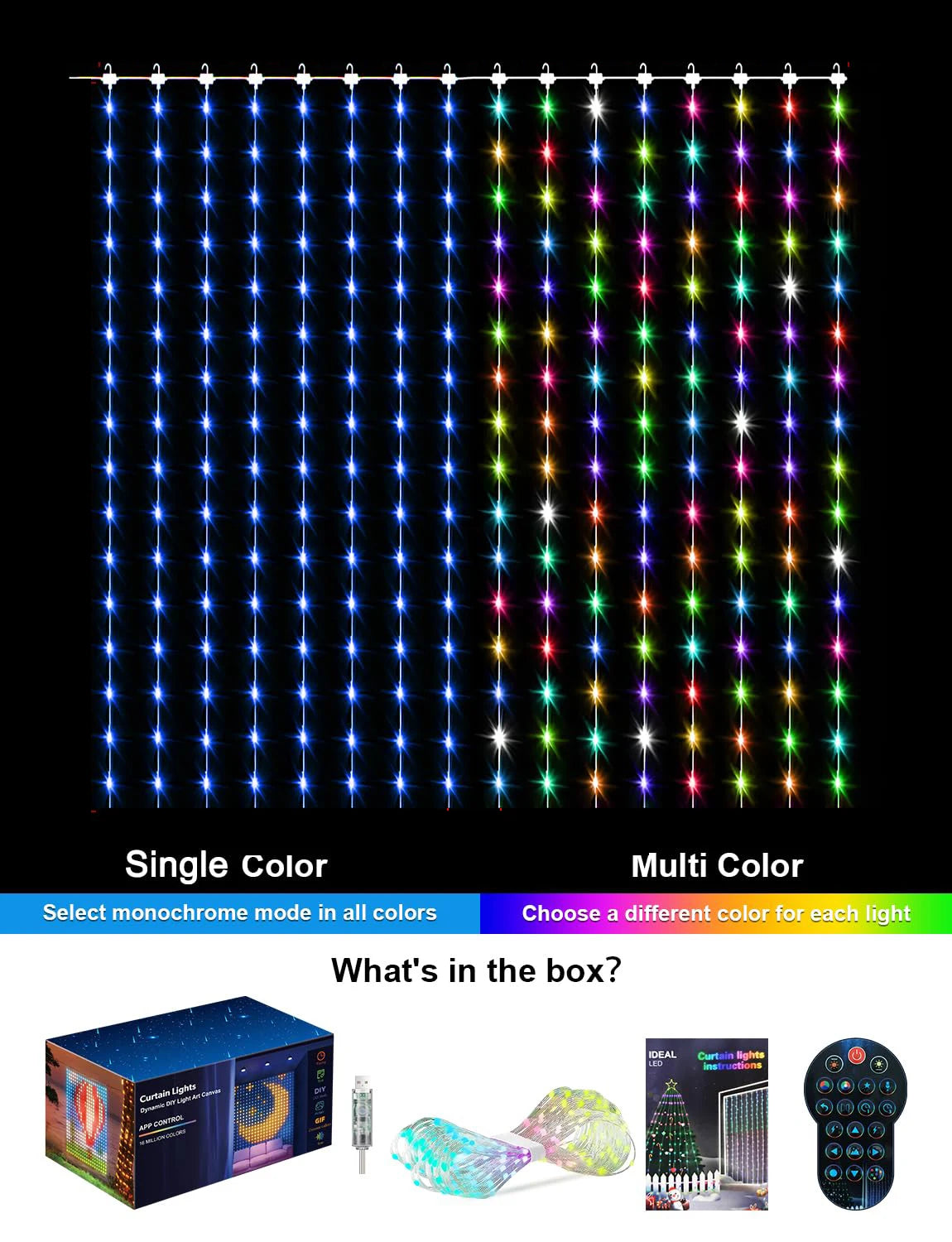 LED Decoration RGB curtain Smart Lights App Controlled String Fairy Lights DIY Pattern and Text Programmable Music Sync Reote