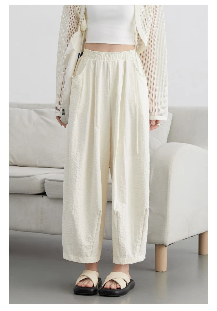 CHIC VEN Women White Pants Solid Casual Elastic Waist High Waisted Pleated Wide Leg Female Trousers Fold Summer 2025 Clothing - Smarsty
