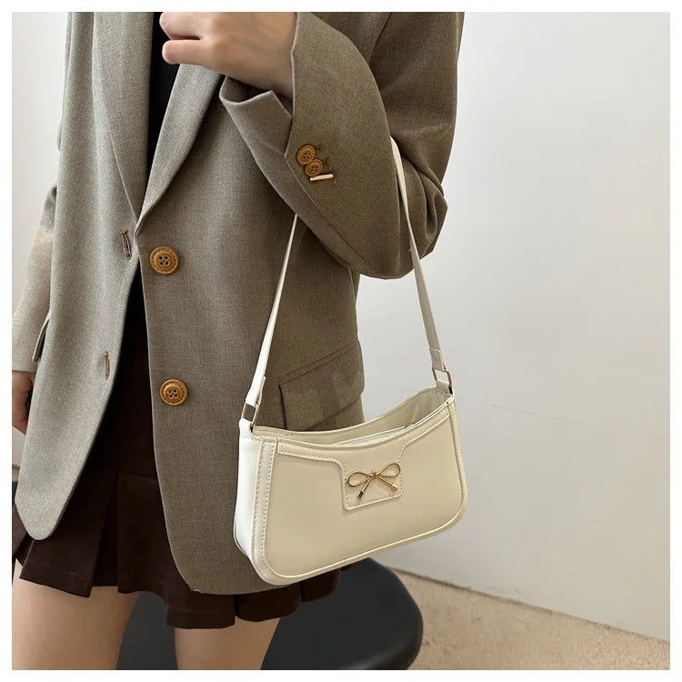 Metal Bow Shoulder Bag For Women With Classic Baguette - Smarsty