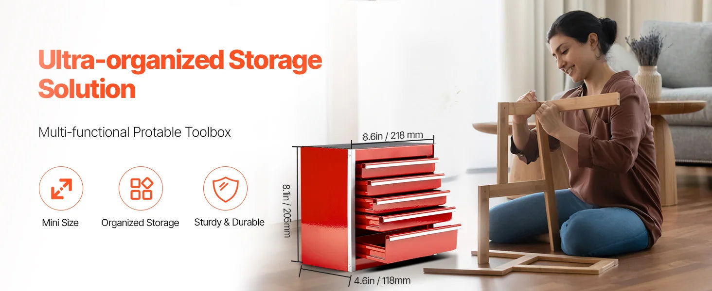 SucceBuy 5-Drawer 8.6in Metal Tool Box Red/Black Portable Small Tool Chest with PP Feet Pads for Garage Workshop Tools Storage