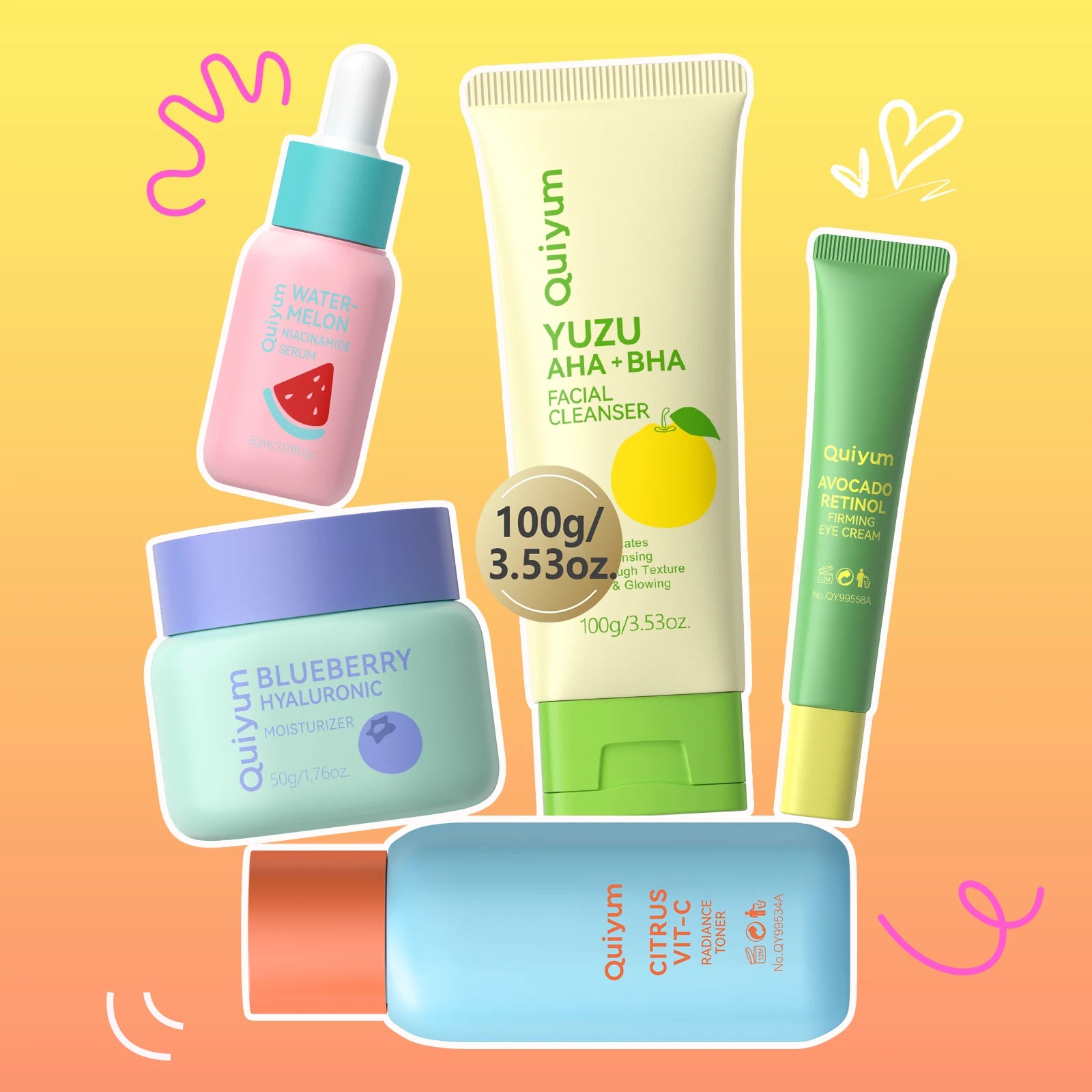 QUIYUM Fruit Fresh Collection 5-Piece Skincare Set Brightening Hydrating Anti-Age Facial Care for Dry Dull Skin