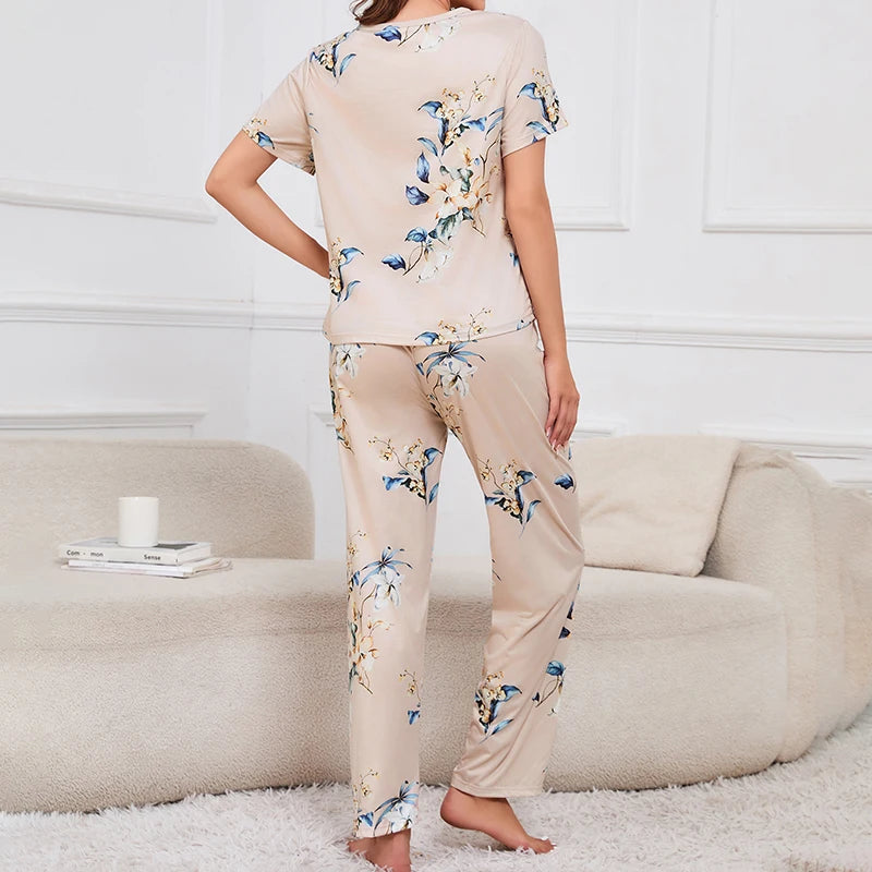Women's Short Sleeve Crew Neck Top With Shorts And Pants 3 Piece Loungewear Sleepwear Lounge Sets Nighty Print Casual Pajama Set - Smarsty