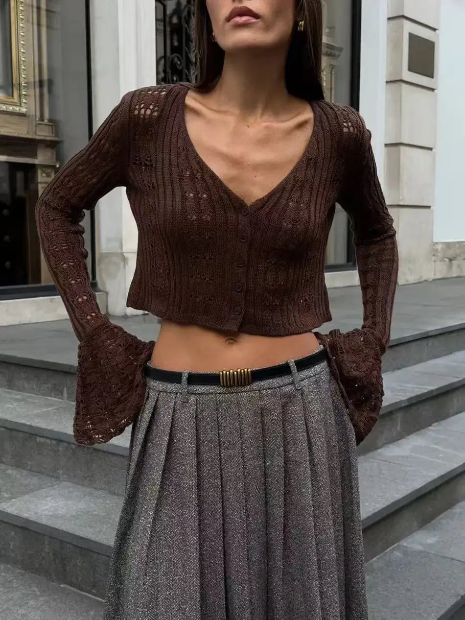Tossy Knitwear Hollow Out Sweater Cardigan Women V-Neck Long Sleeve See-Through Cropped Top Summer Knit Patchwork Cardigan Top - Smarsty