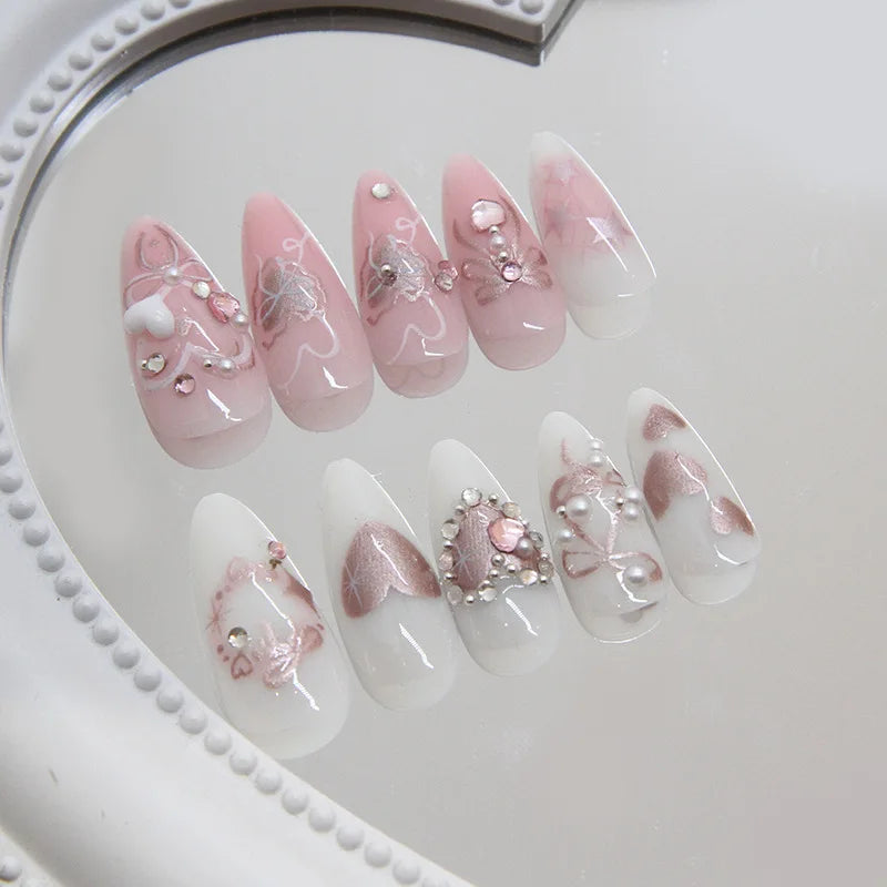 24 Piece Pink Almond Fake Nail Set With Bowknot Design - Smarsty