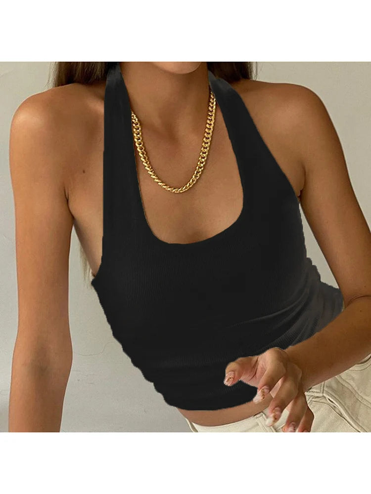 White Halter Sexy Backless Tank Tops for Women Streetwear 2024 Sleeveless Ribbed Knit Vest Top Cropped Feminino - Smarsty