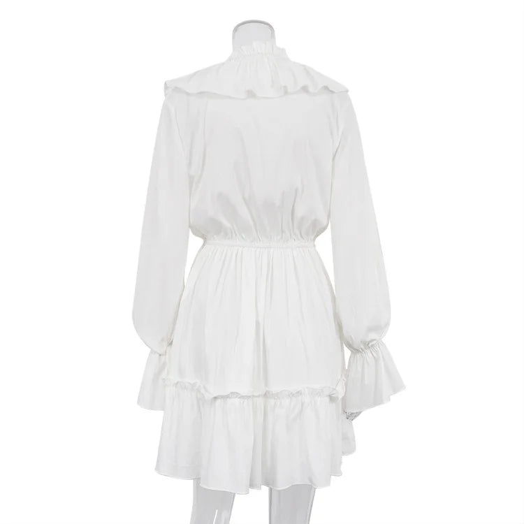 Tossy Ruffled V-Neck White Mini Dress Female Patchwork Long Sleeve Elegant Bandage Fashion Dress High Waist Lace-Up Women Dress - Smarsty