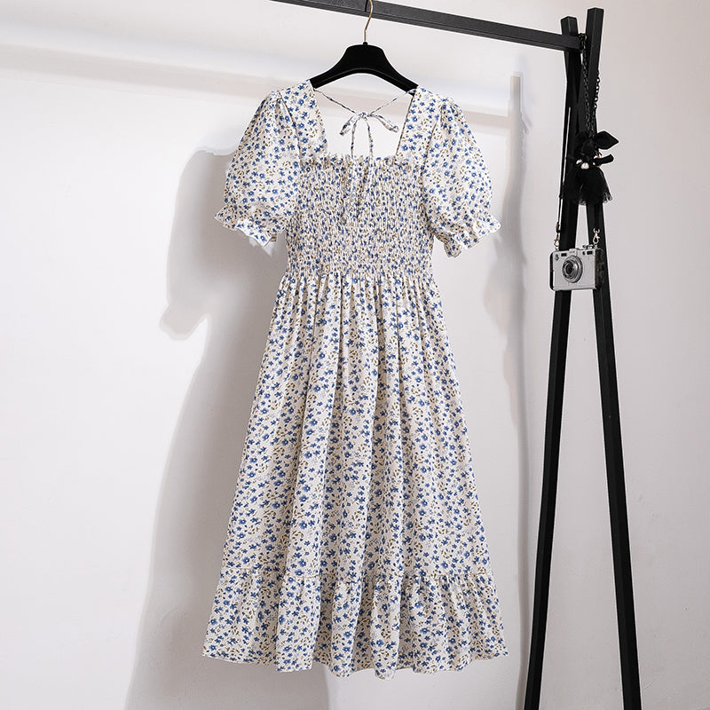 Summer Pleated Women Chiffon Dresses Casual Beach Holiday Short Sleeve Square Collar Woman Midi Dress Bohemian Mujer Vestidos - Smarsty