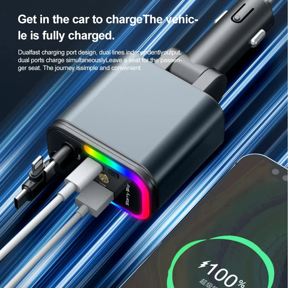 5-in-1 180W Car Fast Charger USB Type-C Power Adapter Retractable Phone Charger With Roof Starlight For IOS Android Phones - Smarsty
