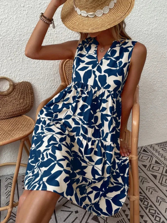 Women Boho Print Mini Dress Summer Elegant Sleeveless V Neck Ruffle A Line Tank Dress Casual Loose Oversize Beach Party Sundress - Smarsty