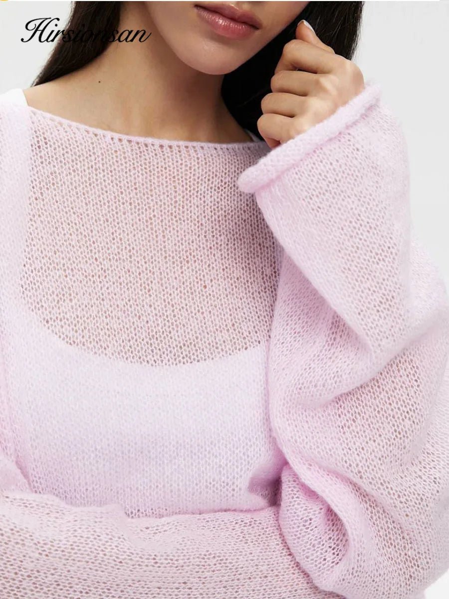 Hirsionsan Elegant Sweater Women 2024 Summer Autumn Casual Fashion Loose Women Pullovers Chic Pink White Jumper Sueter Mujer - Smarsty