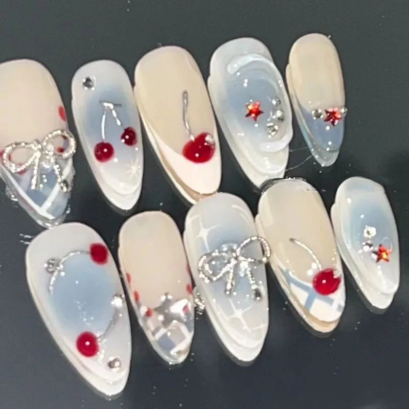 10Pcs Handmade French Almond Press On Nails with Cherries Design - Smarsty