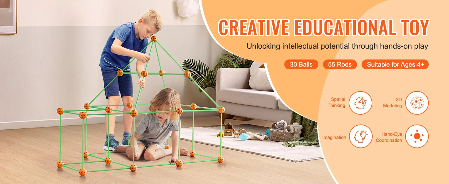SucceBuy Fort Building Kit Construction Castle Tunnels Toys with 55 Rods 30 Balls Indoor Play Tent for Educational Gift Blocks