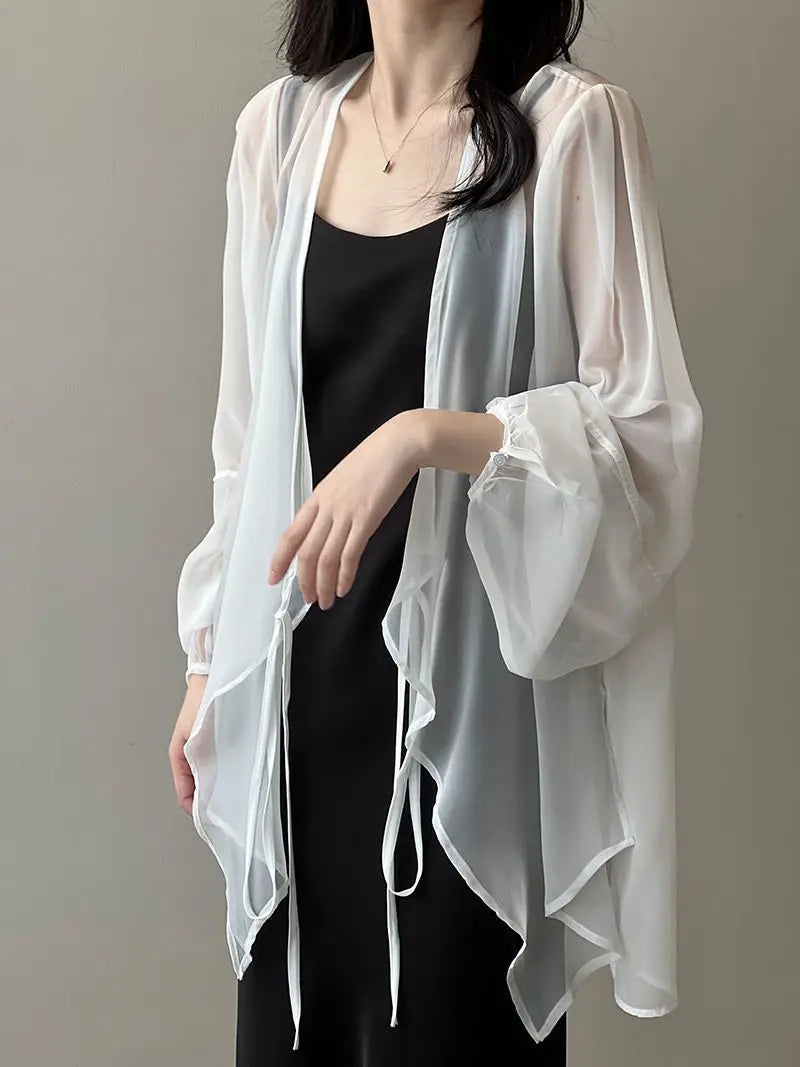 Shirts Women V-neck Loose Long Sleeve Open Stitch Korean Style Lace-up Simple Solid Summer Chiffon Breathable Minimalist Stylish - Smarsty