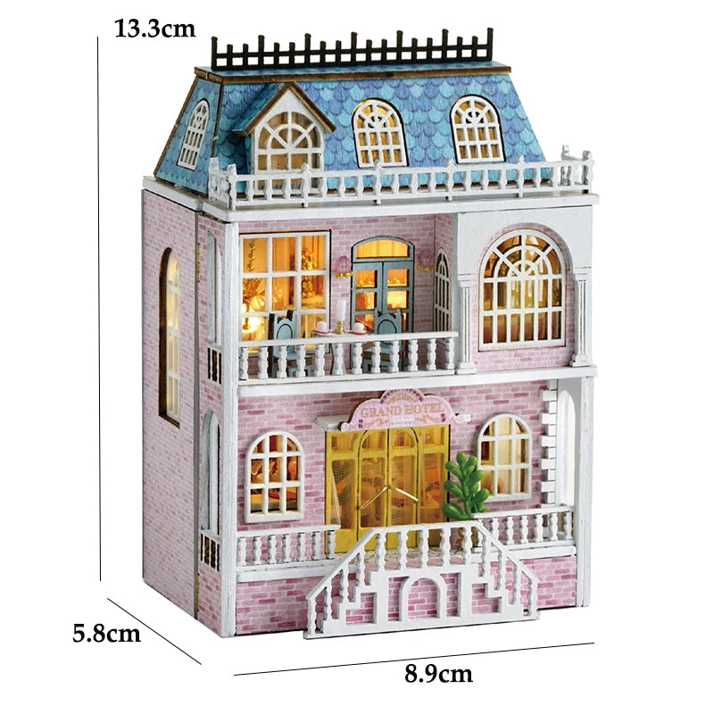 DIY Mini Wooden Doll House Assembly Building Model Pink Princess Villa Architecture Kit 3D Puzzle Dollhouse With Furniture Gifts by Smarsty