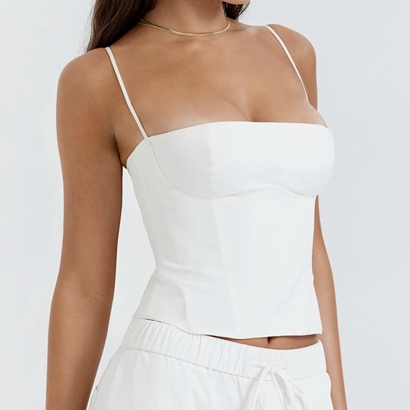 Summer Backless Zip Up Bustier Crop Tops Elegant Vintage Skinny Corset Tank Tops Y2K Women Chic Spaghetti Strap Camis Clubwear - Smarsty