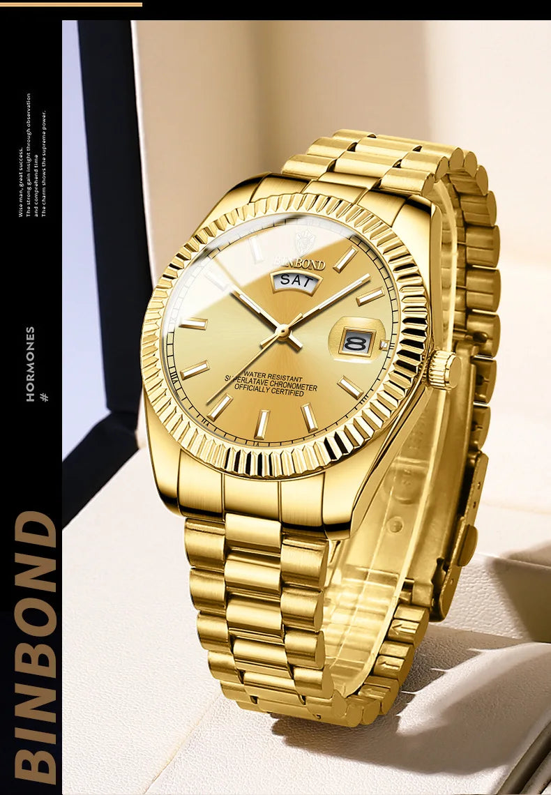 BINBOND Mens Waterproof Quartz Watch with Stainless Steel Band - Smarsty