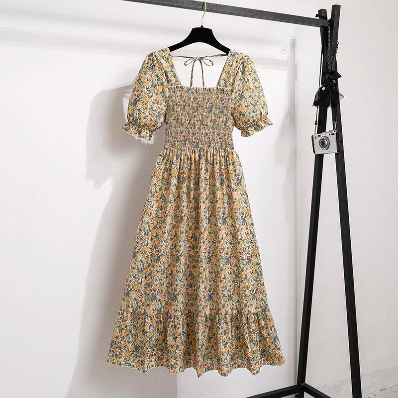 Spring Summer Chiffon Dresses Fashion Female Elastic Waist Short Sleeve Pleated Casual Dress Women A-line Dresses Vestidos - Smarsty