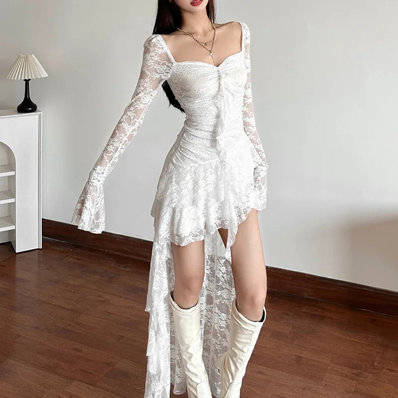 Goth Dark Fairycore Lace Flare Sleeve Square Neck A-line Dress Sweet E-girl Irregular Long Hem Dresses Cyber Y2K Party Vestido - Smarsty
