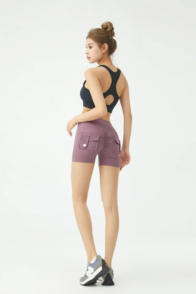 Peach Butt Fitness Shorts Women's Exercise Three-Quarter Pants Cargo Air Dry Pocket Yoga Tight Lift Summer - Smarsty