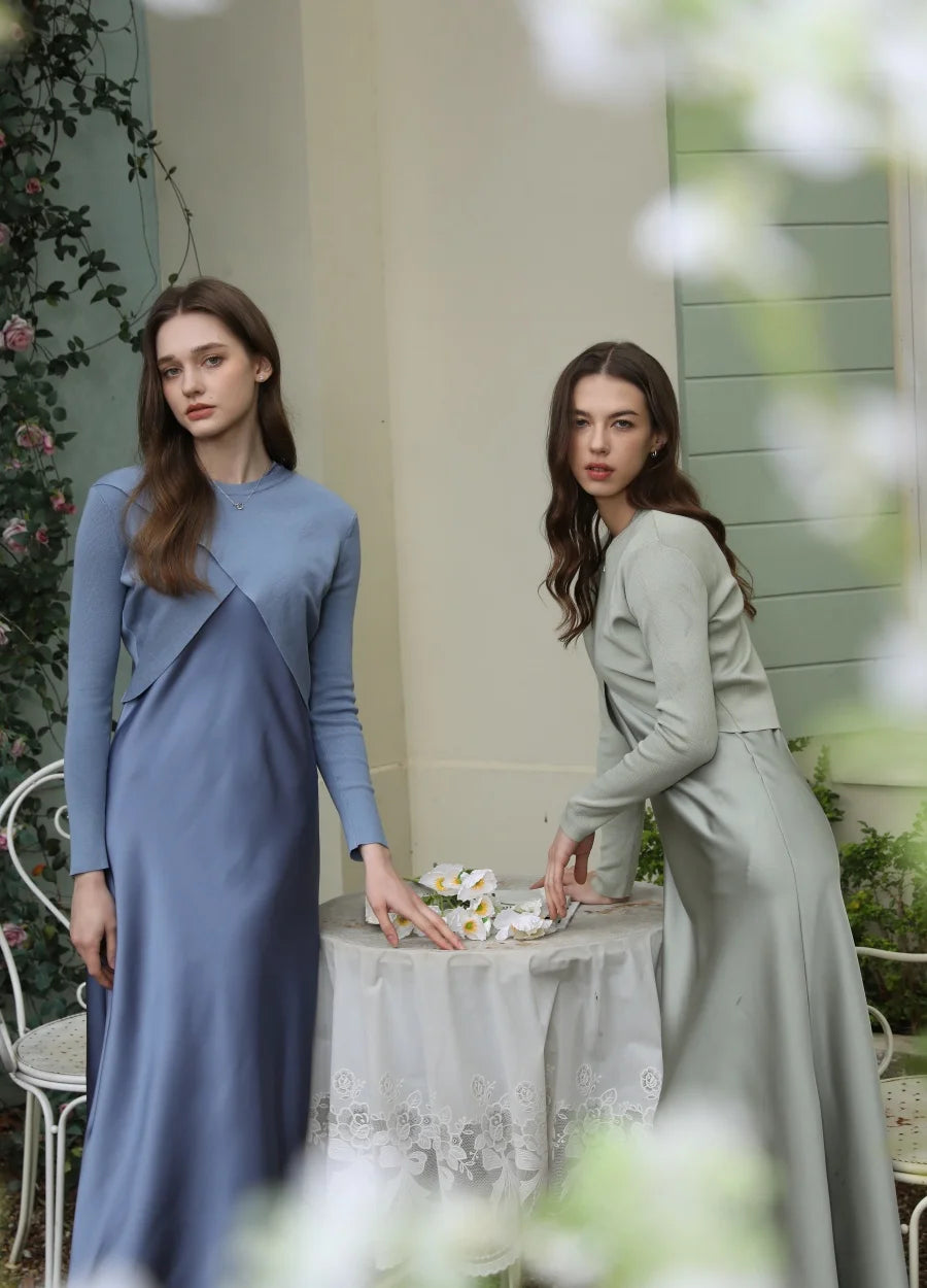 AS 2025 spring summer elegance satin dress + knitted top match set maxi floor length woman clothes