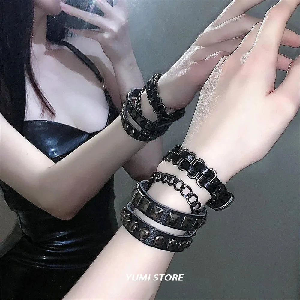 Punk Dark PU Chain Bracelet Multi Layered Fashion Jewelry - Smarsty
