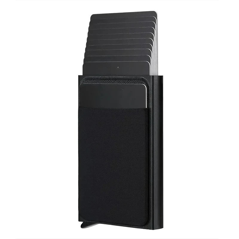 Men's Slim Mini RFID Wallet Aluminum Automatic Pop Up Card Case with Elastic Back Pouch, ID Credit Bank Card Holder Purse