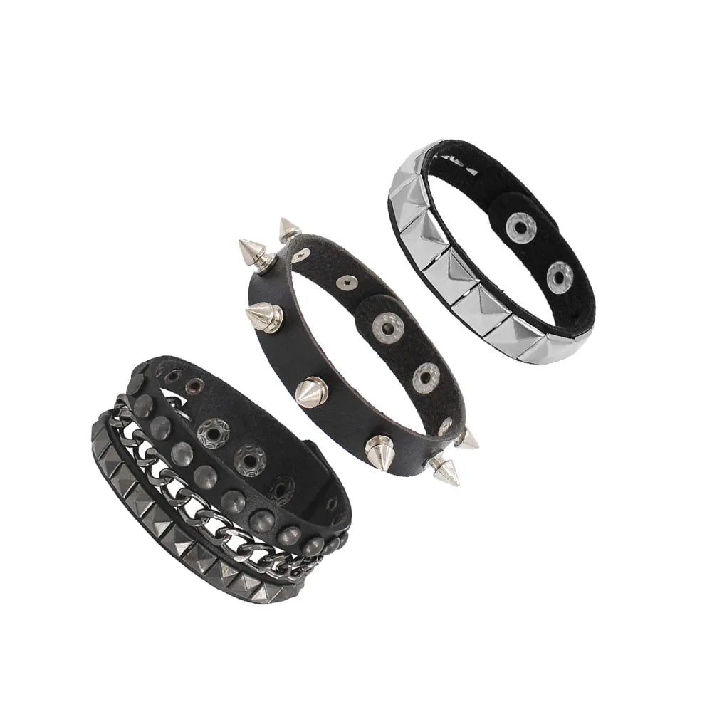 Adjustable Punk Rock Studded Leather Bracelet Set - Smarsty