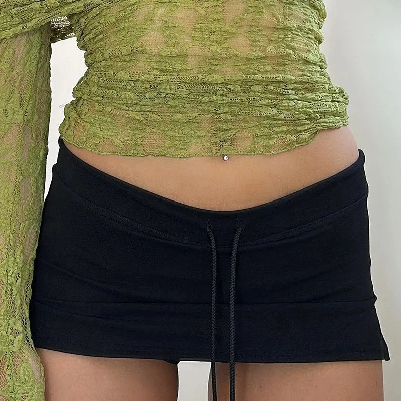 Solid Lace-up Mini Skirts Sexy American Retro Basic Vintage Casual Short Bottoms Basic Casual A-Line Knit Clothing - Smarsty