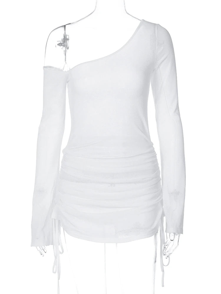 Dulzura Solid Skew Collar Ruched Straps Lace-Up See Through Draw String Mini Dress 2023 Summer Women Party Clubwear Wholesale - Smarsty