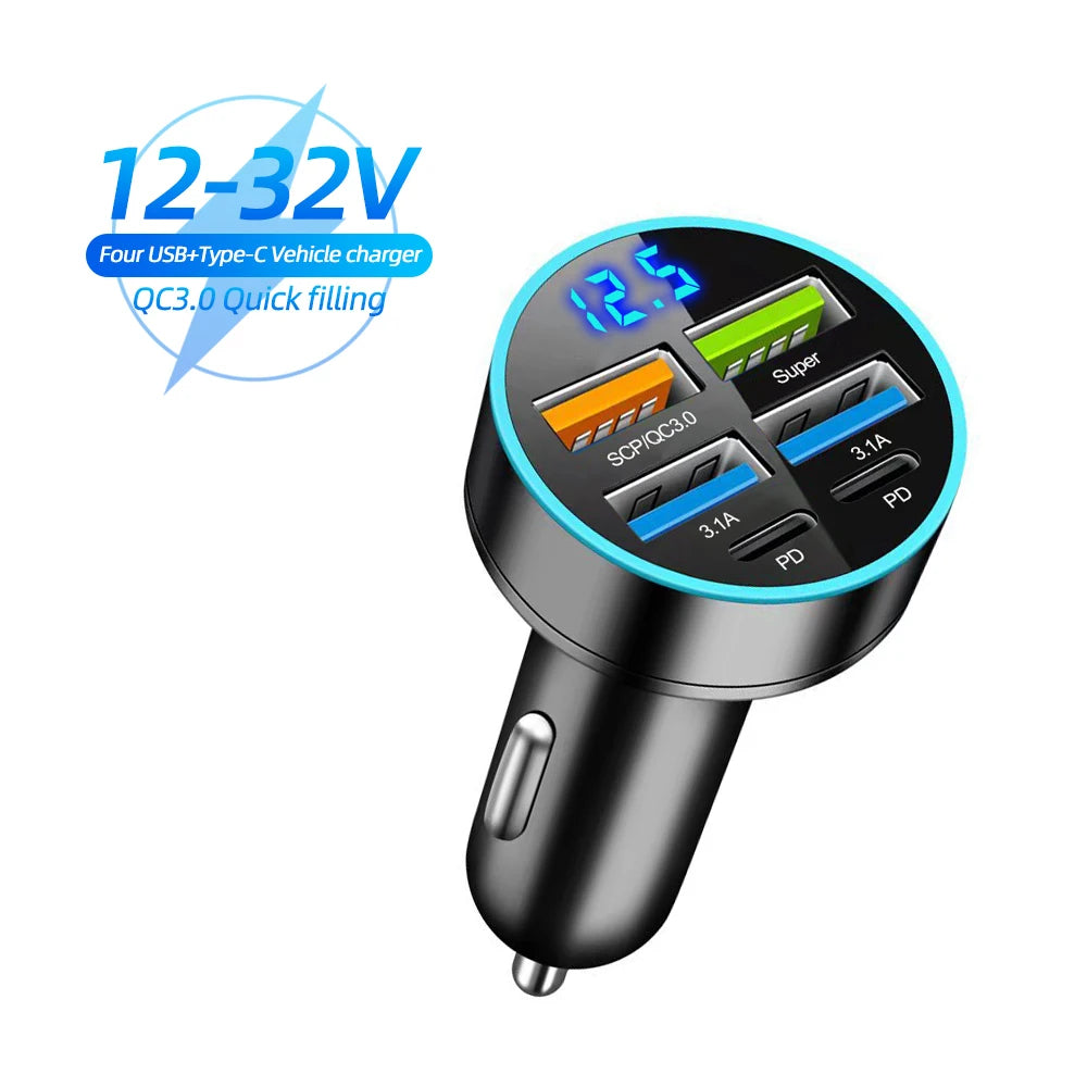 250W 5 Ports Car Charger Fast Charging PD QC3.0 USB C Car Phone Charger Adapter With Voltage For iPhone Samsung Huawei Xiaomi - Smarsty