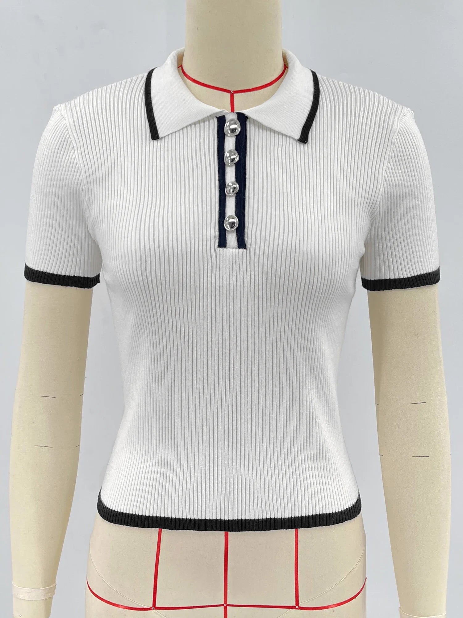 Talenza Women's Knitted Pullover Fashion Short Sleeve Patchwork Sweater Top Elegant Slim Contrast Lapel Knitted Pullover Top - Smarsty