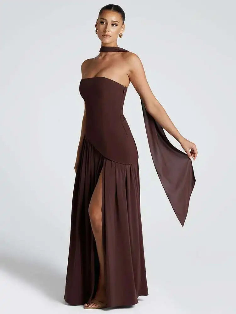 Mozision Strapless Off-shoulder Sexy Maxi Dress For Women Gown Patchwork Scarf Collar Thigh High Split Club Party Long Dress - Smarsty