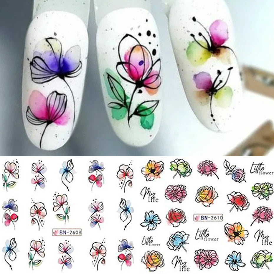 12 Pcs Summer Ink Flowers Nail Art Stickers - Smarsty
