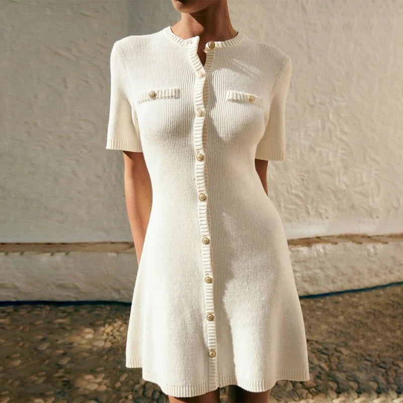 White Elegant Knitted Mini Dress For Women Metal Button Sexy Slim Rib Sweater Dress Holiday Party Outfits Autumn 2024 New - Smarsty