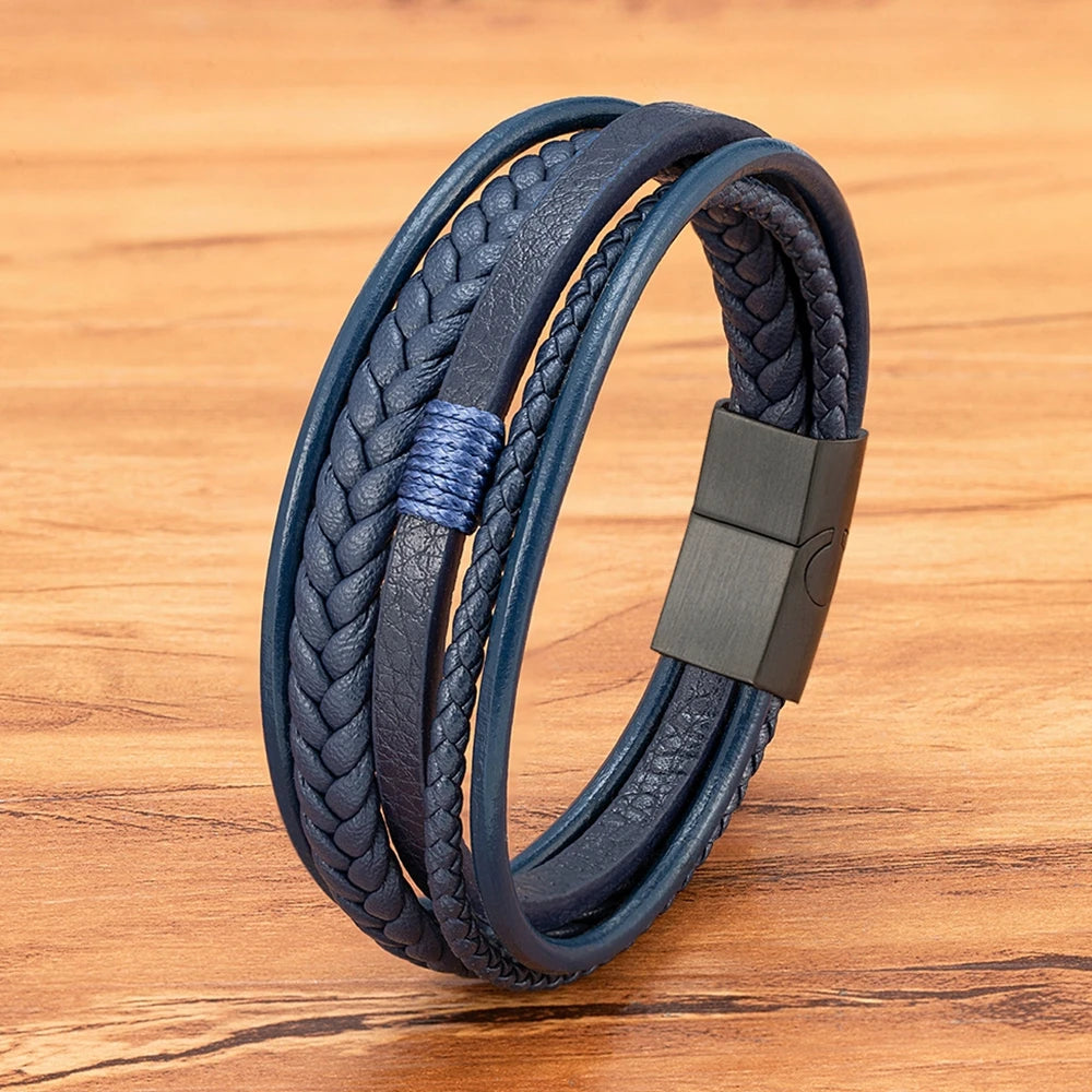 Mens Leather Bracelet Magnetic Buckle Multilayer Bangles - Smarsty