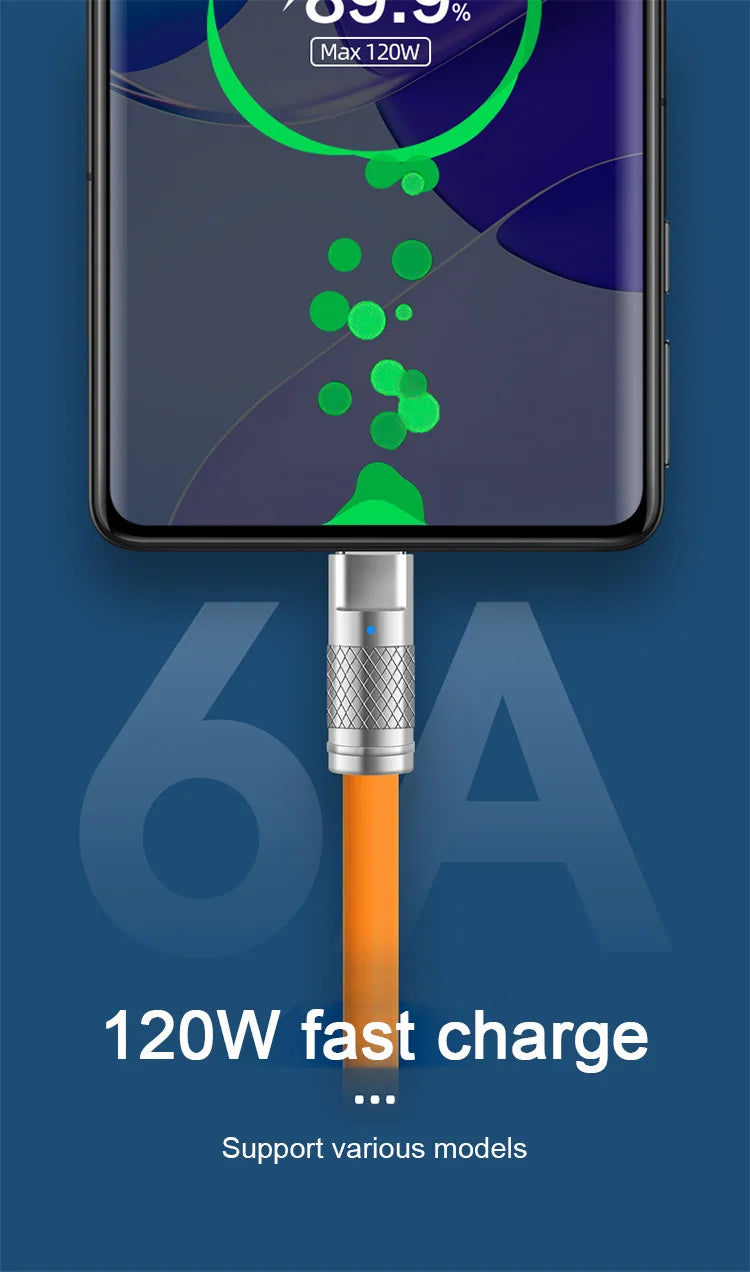 120W 6A Super Fast Charge USB C Liquid Silicone Cable For iPhone 14 15 Huawei Samsung Xiaomi Quick Charger Type-C Data Wire - Smarsty