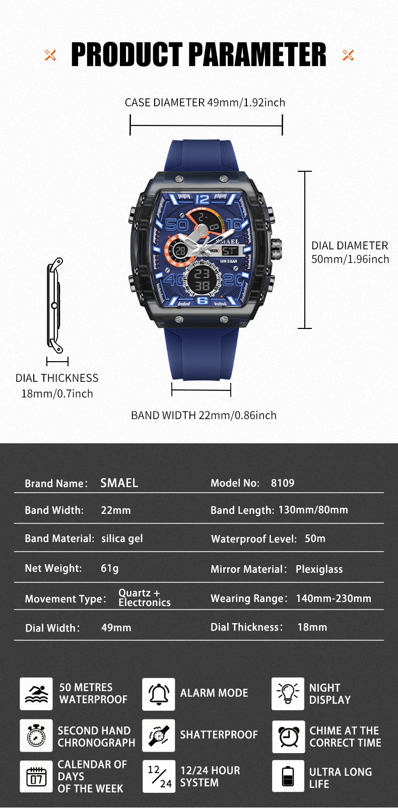 SMAEL 8109 Waterproof Luminous Dual Display Watch - Smarsty