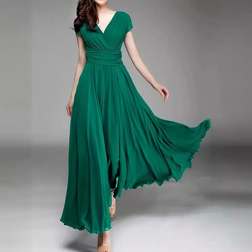 Women's Short-Sleeved Chiffon Evening Dress, Female Party Dress, Monochromatic, Bohemian, Long, Elegant, New, 2022 - Smarsty