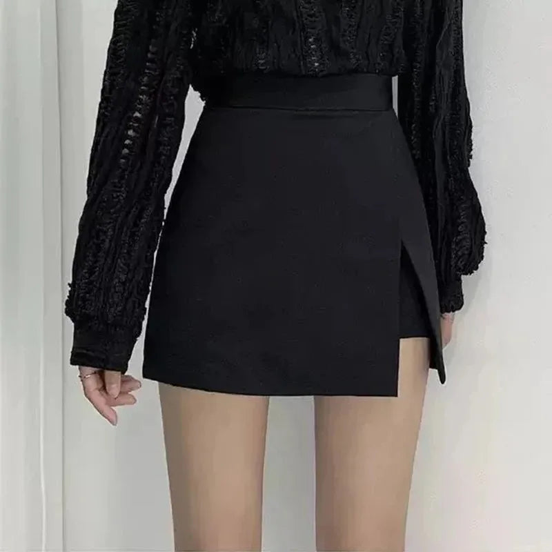 Black Mini Skirts Women Irregular Side Slits High Waist A Line Shorts Skirts Summer Korean Fashion Chic Hip Wrap Skirt Female - Smarsty